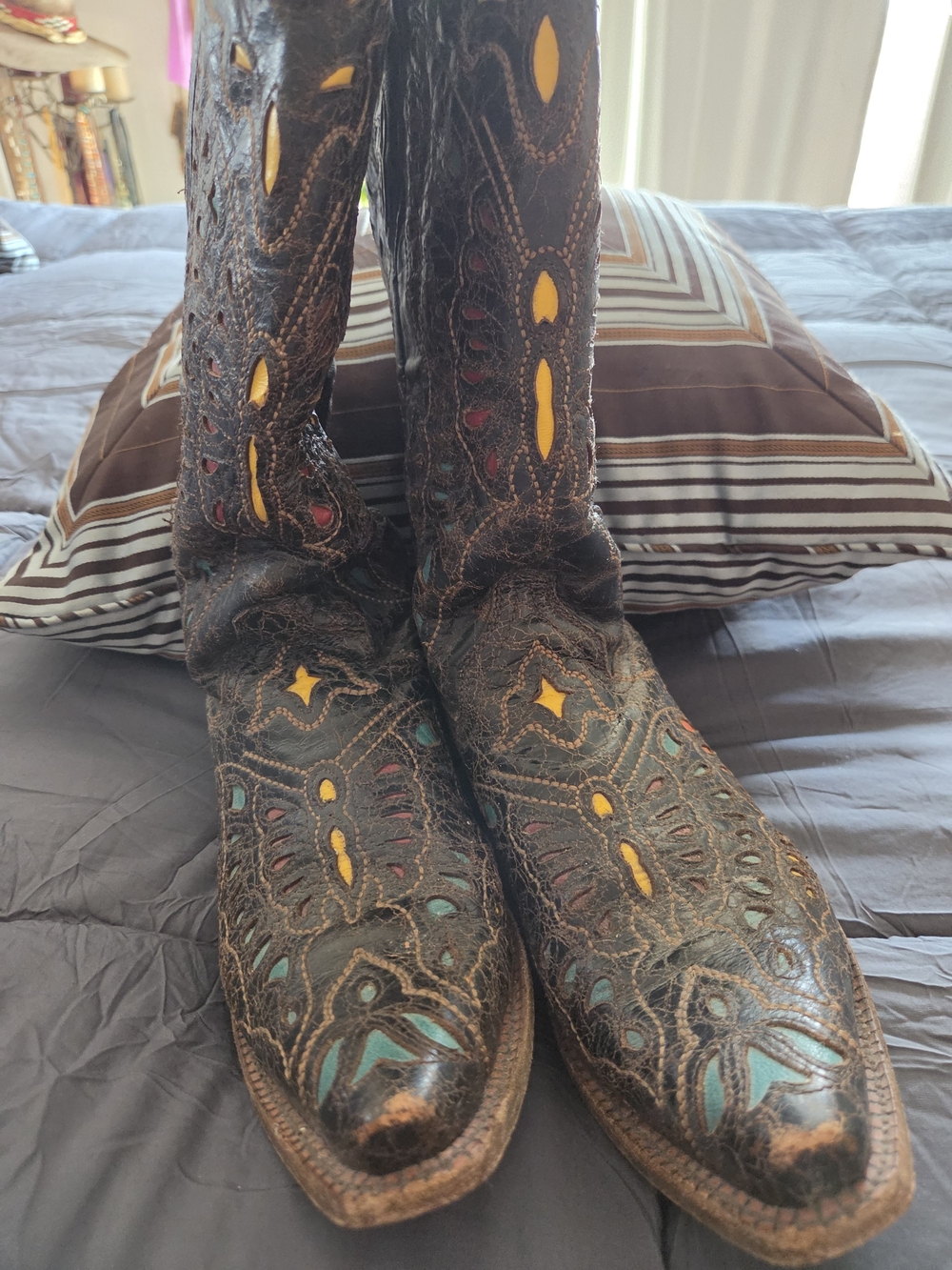 Women's Brown Embroidered Boots with Multicolor Inlays Butterfly